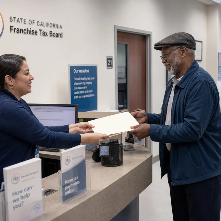 Man hands documents to a smiling clerk at a tax office counter with people waiting in the background