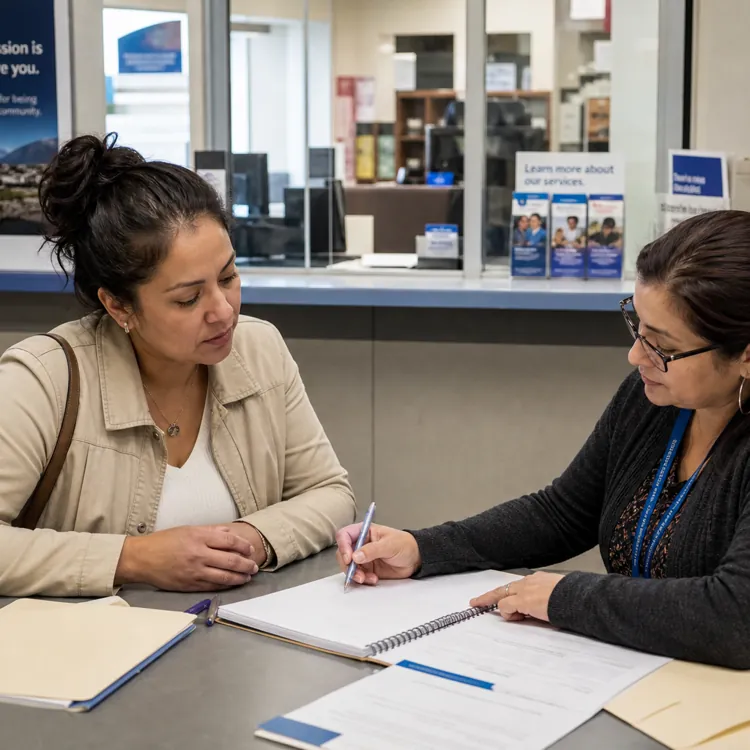Two women sit at a desk reviewing documents in an office environment