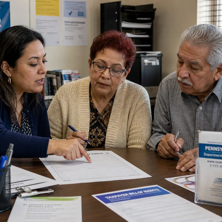 Three adults reviewing tax documents at a community tax center table