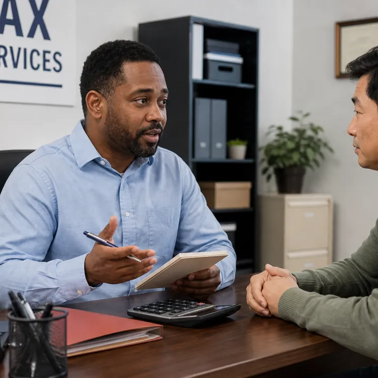 Tax advisor talking with client at desk with calculator and notepad