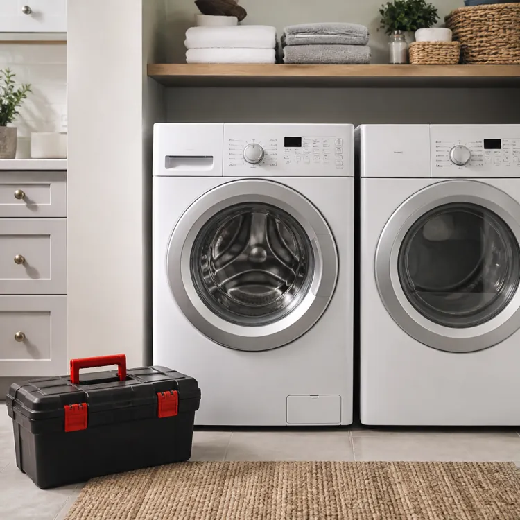 Front load washing machine and dryer side by side in a laundry room with a toolbox on the floor