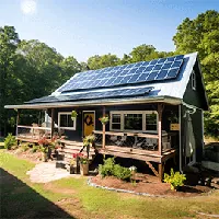 small house with solar panels on roof