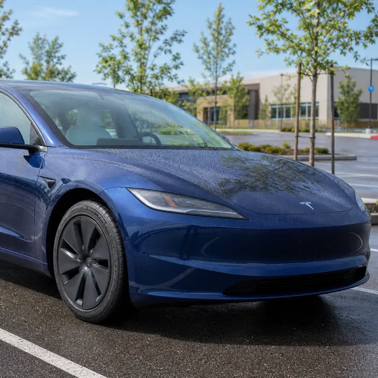 blue electric sedan parked in wet lot on a rainy day