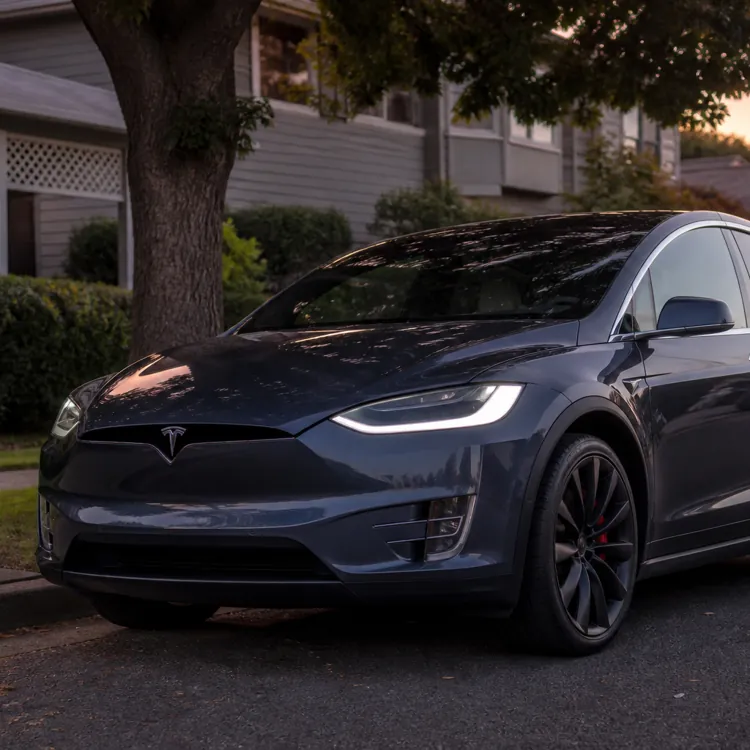 Black Tesla Model X parked on a residential street at sunset with houses in the background