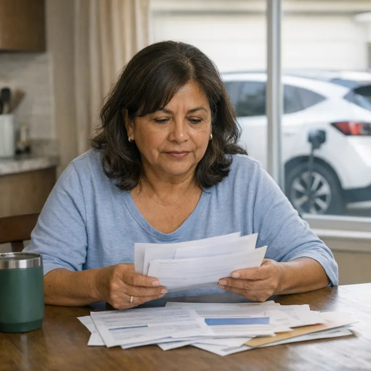 Woman reviews bills at a kitchen table with an electric car visible outside the window