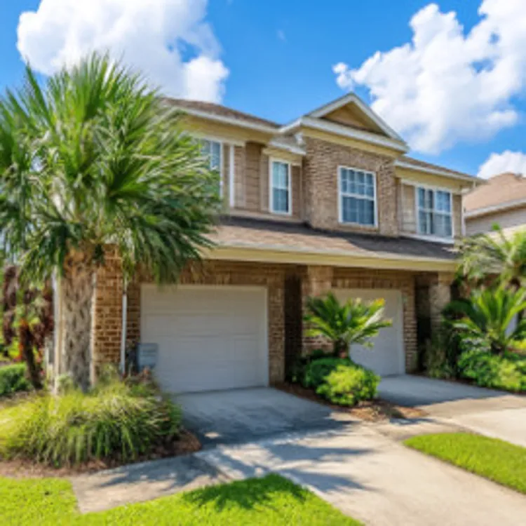 a house with palm plants