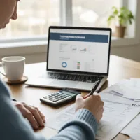 Person working on tax documents at a table with a laptop, calculator, and papers in a well-lit room.