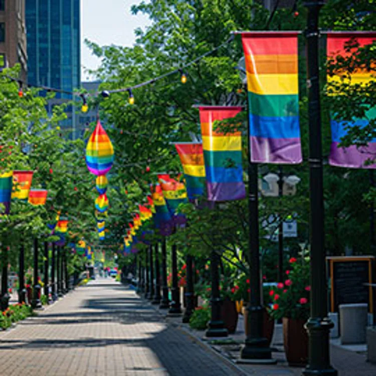 pride flags displayed on a street