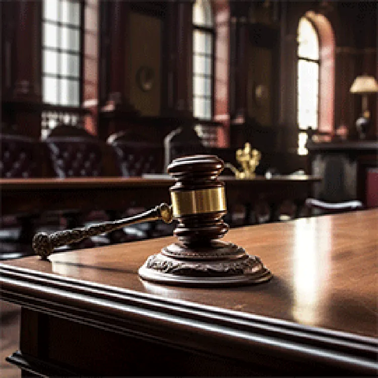 A gavel on top of a judge's table in a courtroom
