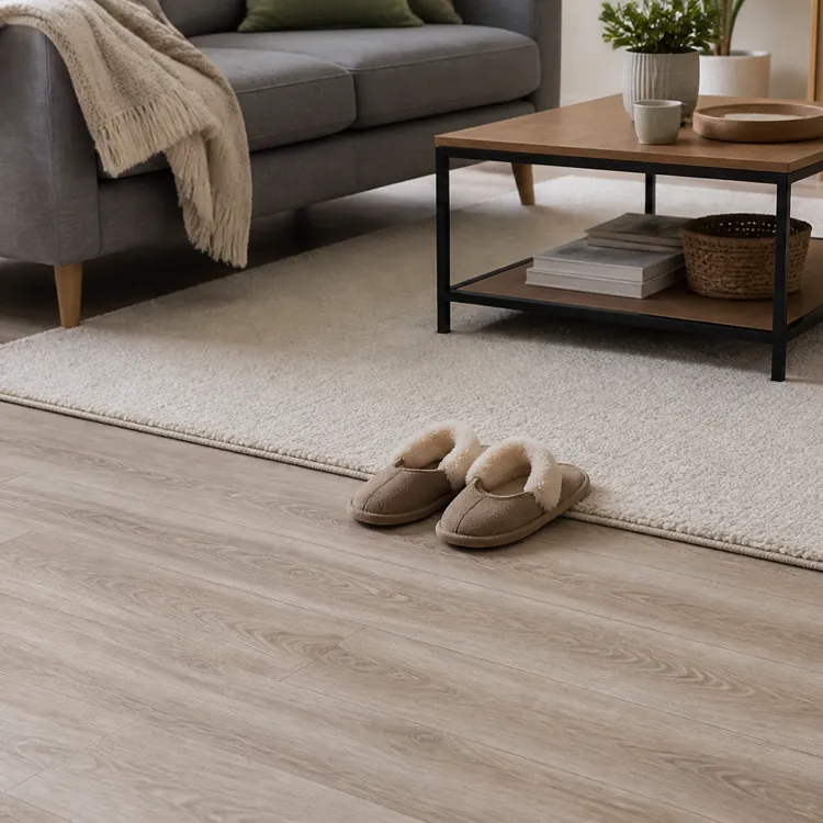 Pair of slippers on wood floor next to a rug, coffee table, and sofa in a living room