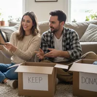 A couple sitting on the floor of a cozy living room, sorting items into boxes labeled 'keep' and 'donate'.