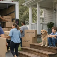 People loading boxes into a moving truck while a boy and a dog sit on the porch steps of a suburban house.
