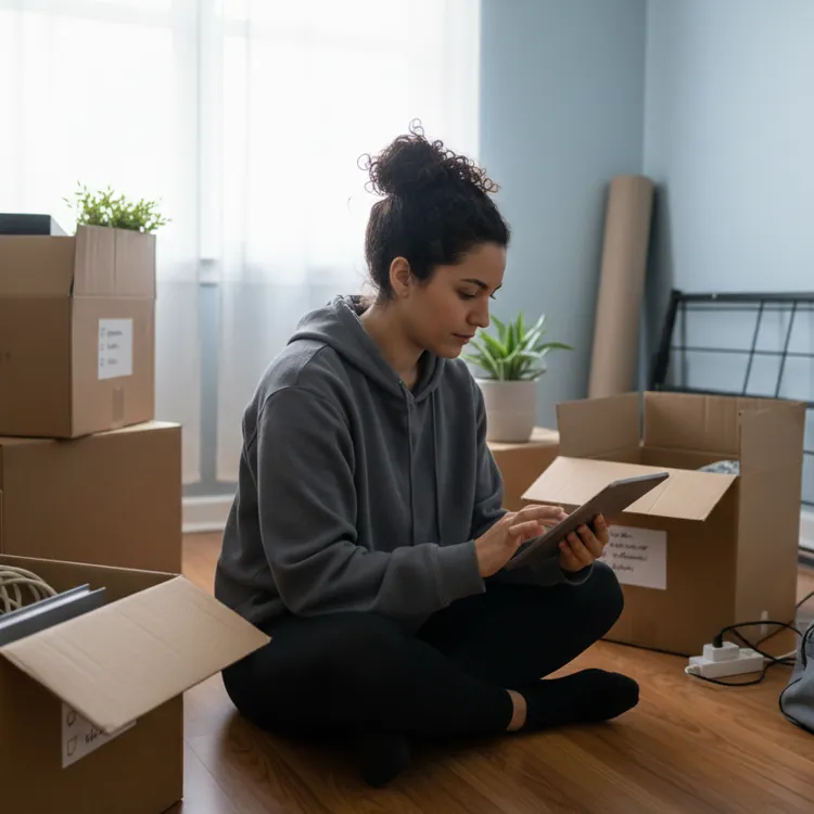 Person sitting on the floor surrounded by cardboard boxes, using a tablet in a bright room.