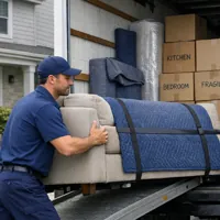Person in blue uniform loading a couch into a moving truck filled with labeled boxes and furniture.