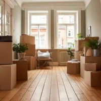 an apartment filled with plants and boxes