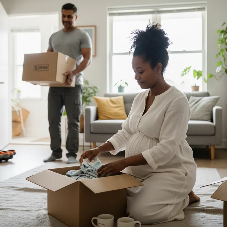 Pregnant woman kneeling on the floor unpacking a box while a man carries a box into a bright living room.