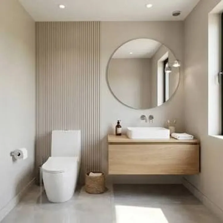 Modern bathroom with a toilet, floating vanity, round mirror, and large window