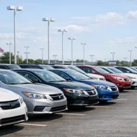 Row of parked cars in various colors at a dealership under a blue sky with scattered clouds.