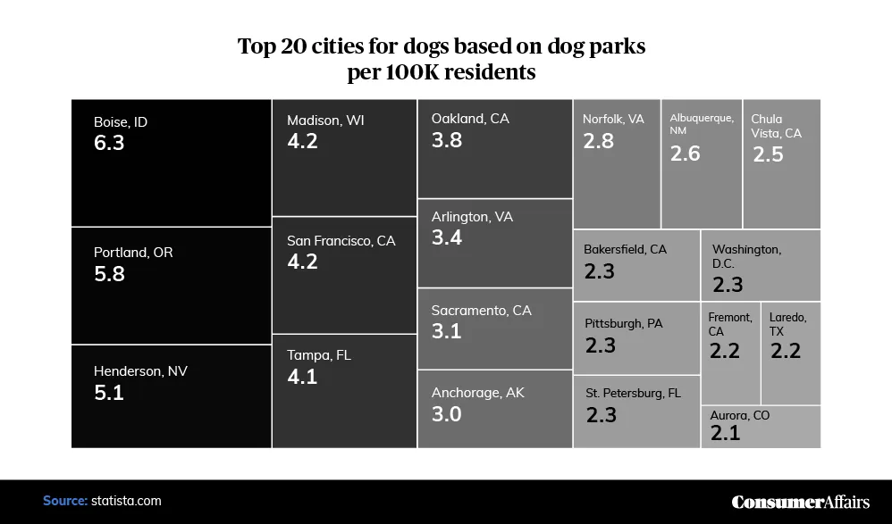 graphic depicting the top cities for dogs based on dog parks