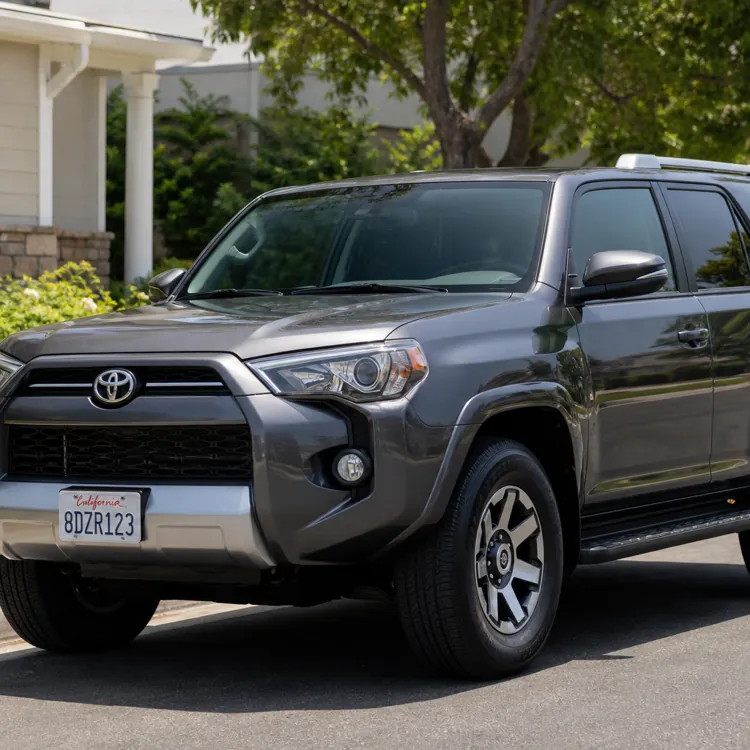Gray Toyota SUV parked on a residential street in front of a house with greenery