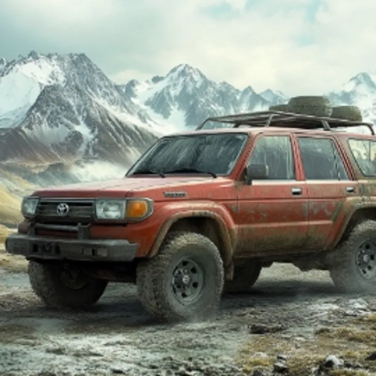 a muddy Toyota 4Runner parked in the mountains