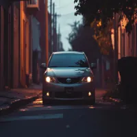 a toyota camry on a narrow road at dusk