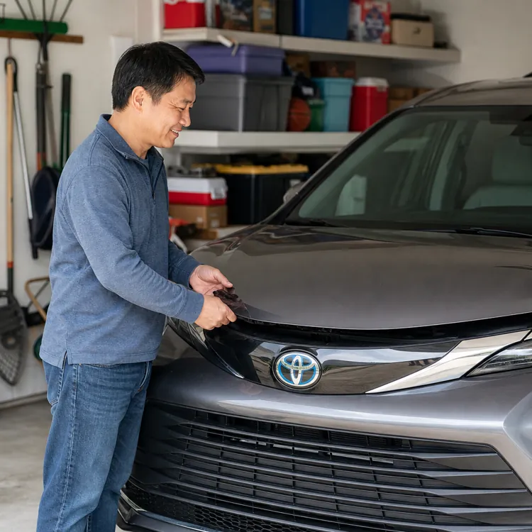 Person opening the hood of a gray Toyota minivan parked inside a garage with shelves and tools