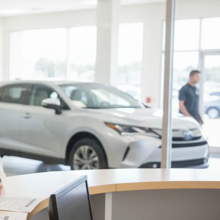Two people reviewing documents at a car dealership counter with a car in the background