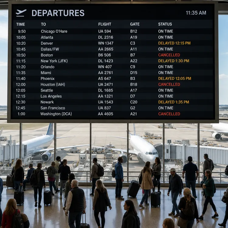 Travelers with luggage walking in an airport terminal under a large departures board showing flight statuses