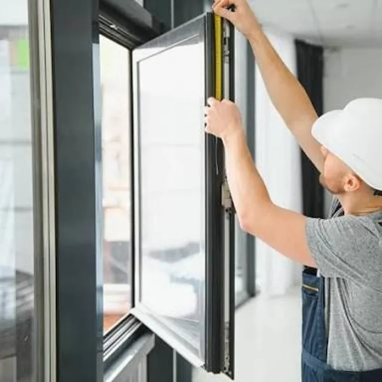 Worker in a hard hat installing a window frame in a modern apartment interior