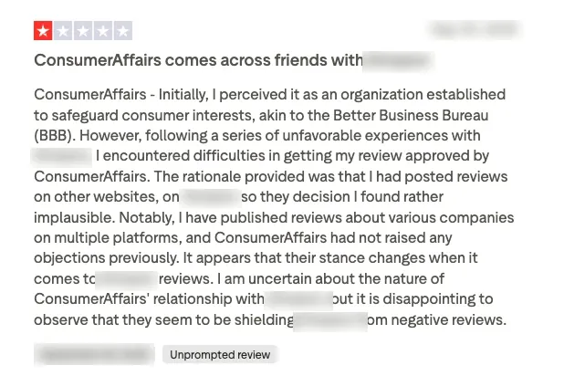 The original one-star Trustpilot review of ConsumerAffairs, saying it seemed to be shielding a large retailer from negative reviews. The retailer&rsquo;s name is blurred.