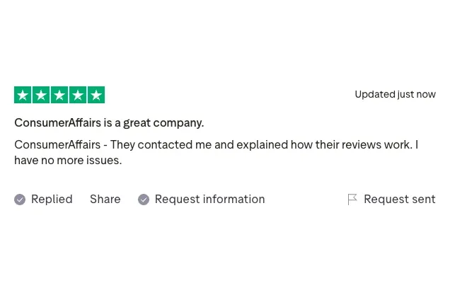 The updated five-star review titled &ldquo;ConsumerAffairs is a great company&rdquo;: &ldquo;They contacted me and explained how their reviews work. I have no more issues.&rdquo;