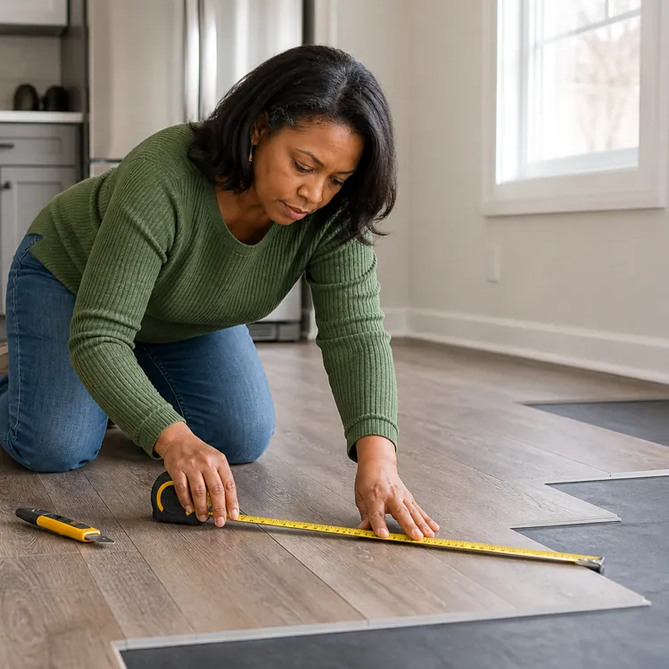 Woman kneeling on kitchen floor using a measuring tape to install new flooring panels