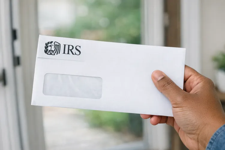 A hand holding a white envelope with IRS logo, indoors near a door.