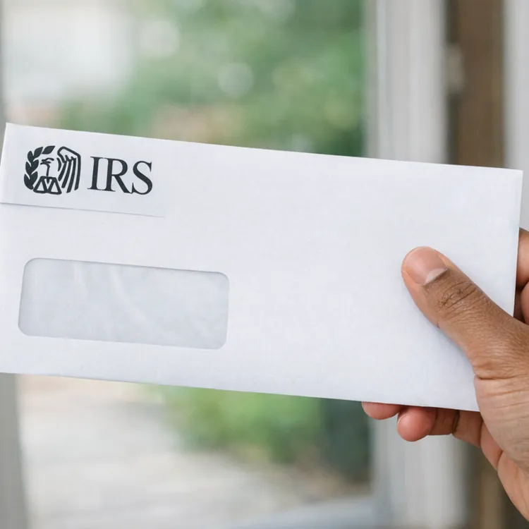 A hand holding a white envelope with IRS logo, indoors near a door.