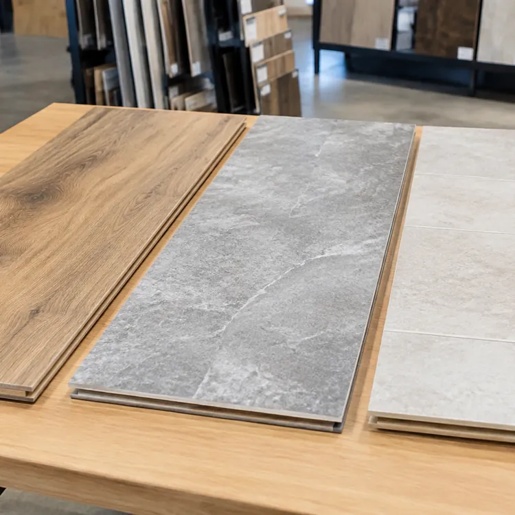 Three flooring sample boards in wood, gray stone, and light tile patterns on a wooden table