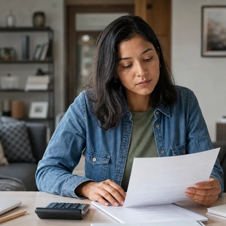 Woman reviewing documents at a desk with a laptop and personal loan paperwork