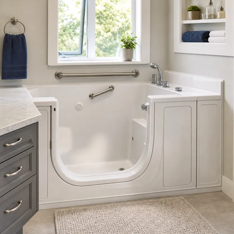 Walk in bathtub with grab bars in a bright bathroom with towels and plants