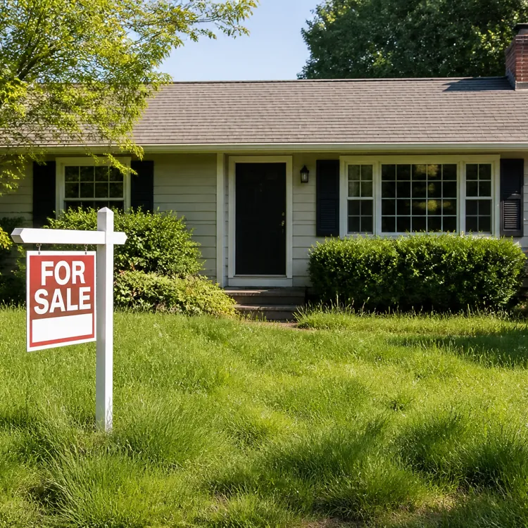 Single story house with a for sale sign in the front yard and green bushes near the entrance
