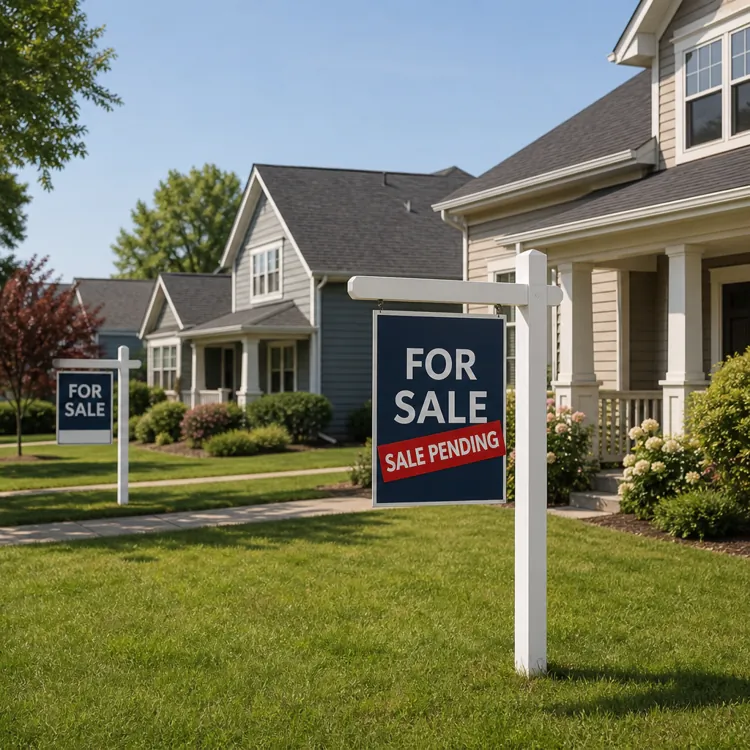 Suburban houses with for sale and sale pending signs on front lawns along a residential street