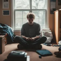 a man sitting in the middle of a messy bedroom