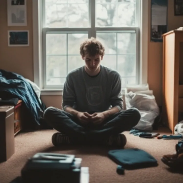 a man sitting in the middle of a messy bedroom