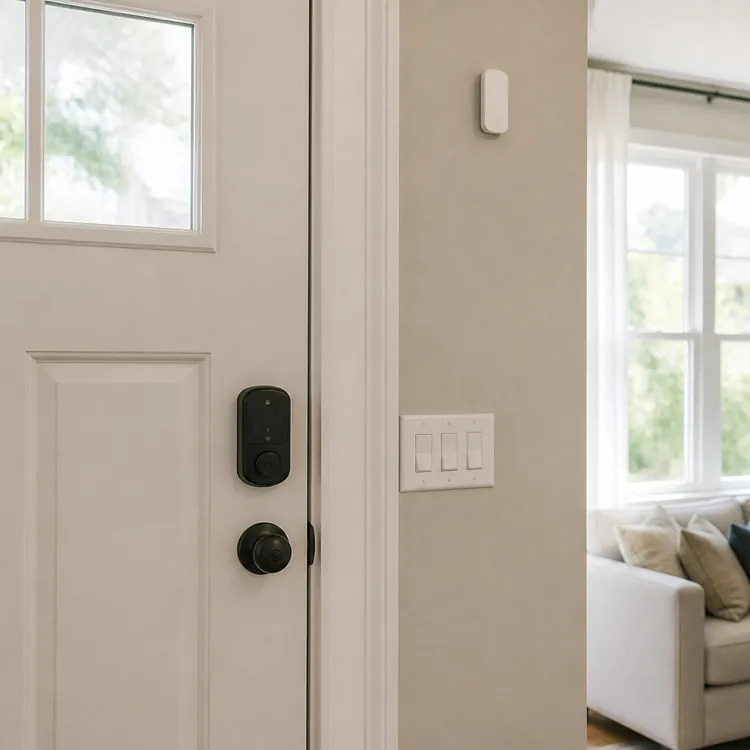 Smart lock on a white front door with a view into a living room with a sofa and large window