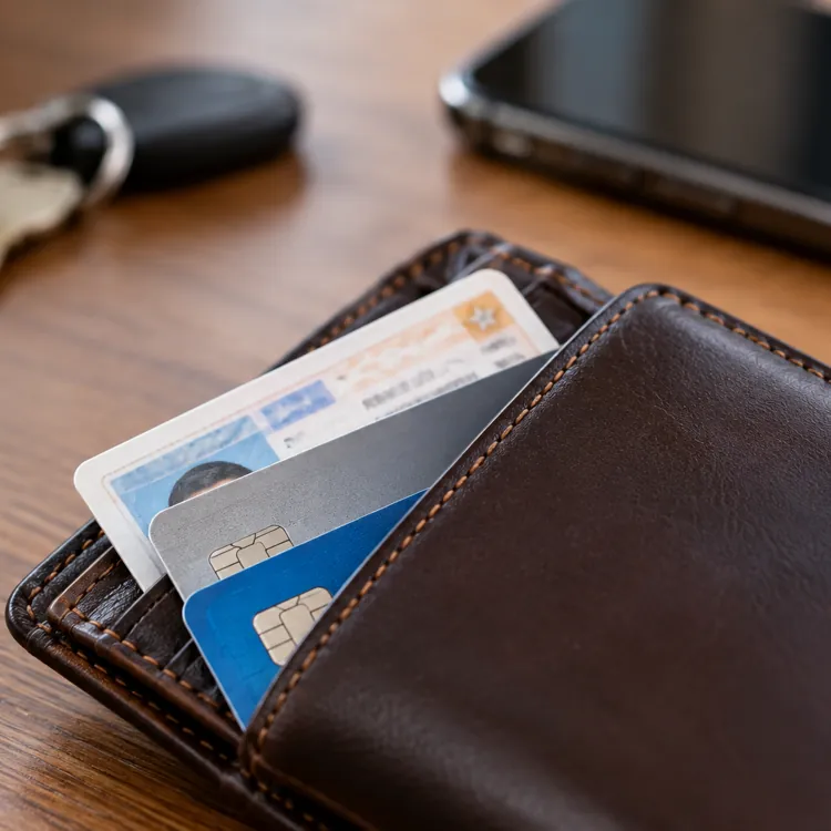 Leather wallet with credit cards and ID on a wooden table next to keys and a smartphone