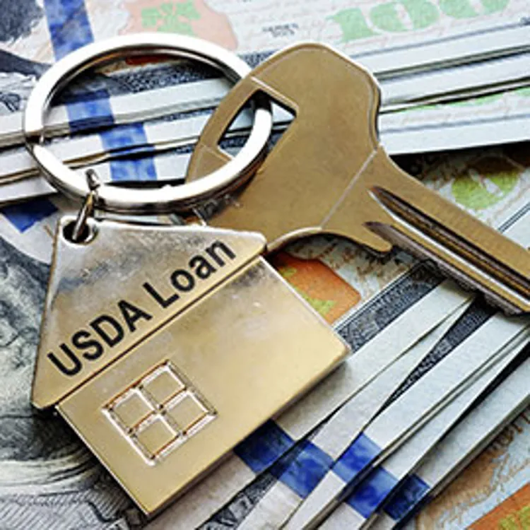 house key with usda loan written on it on top of dollar bills