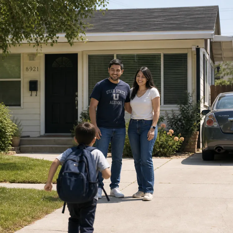 A child with a backpack walks toward two adults standing in front of a house with a car in the driveway