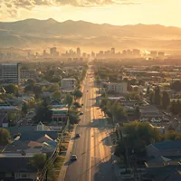 wide road in the city and buildings on both sides and mountains in the background