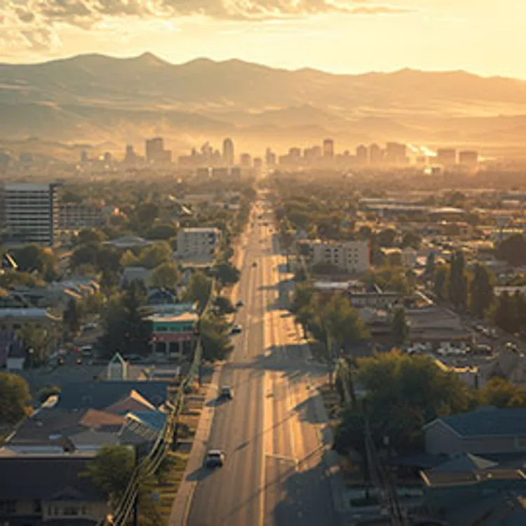 wide road in the city and buildings on both sides and mountains in the background