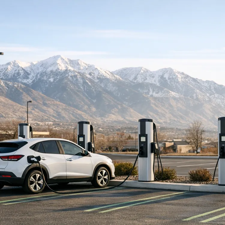 An electric SUV charges at a station with Utah mountains in the background.