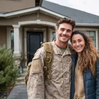 young military couple standing in front of a new house